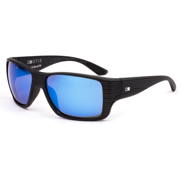 Black sunglasses with blue lenses facing the side