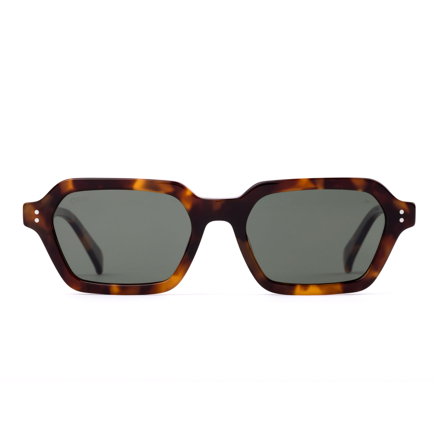Sunglasses with tortoiseshell frame and dark lenses on a white background