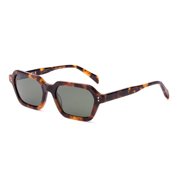 Sunglasses with tortoiseshell frame and dark lenses on a white background