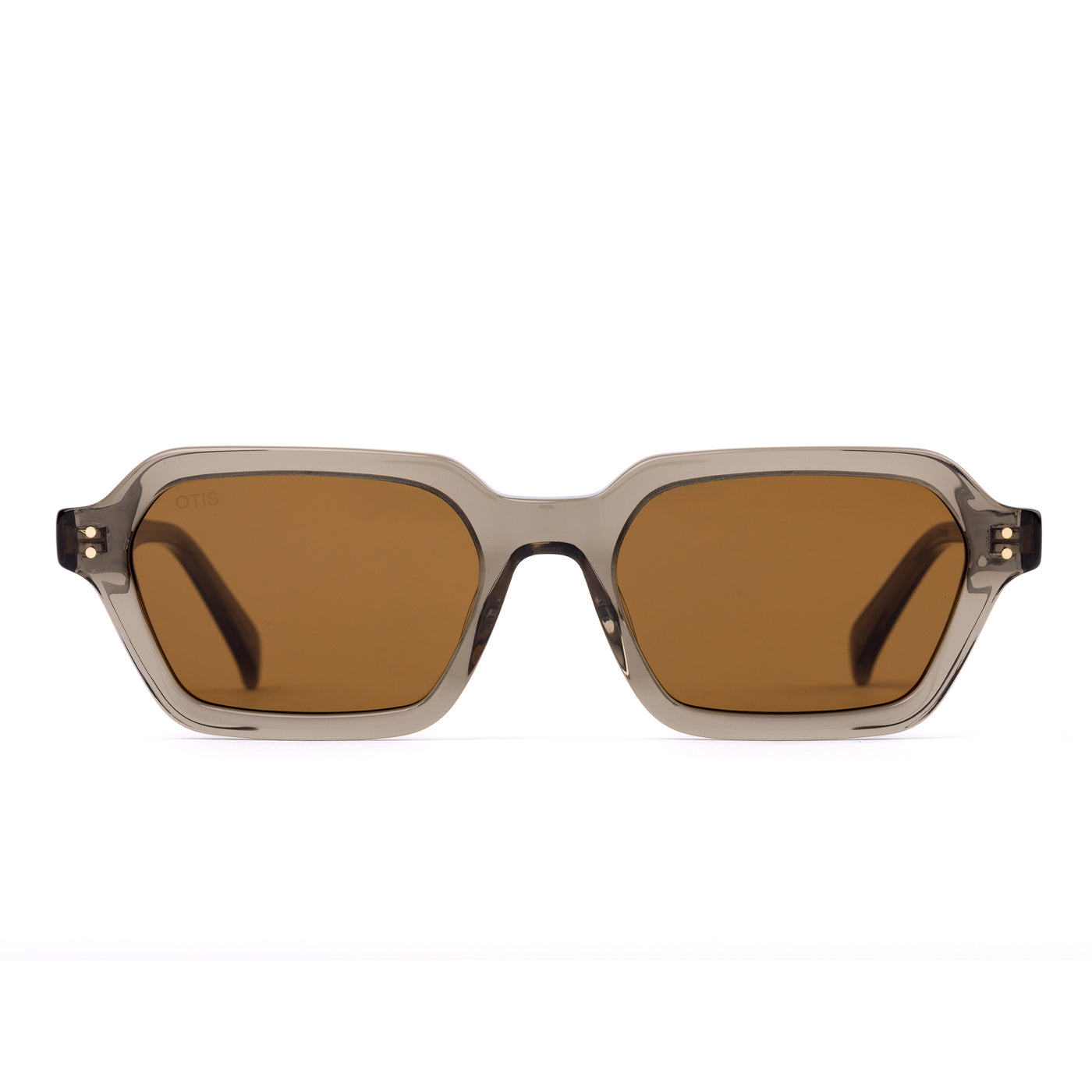 Sunglasses with a green transparent frame and brown lenses on a white background