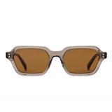 Sunglasses with a green transparent frame and brown lenses on a white background