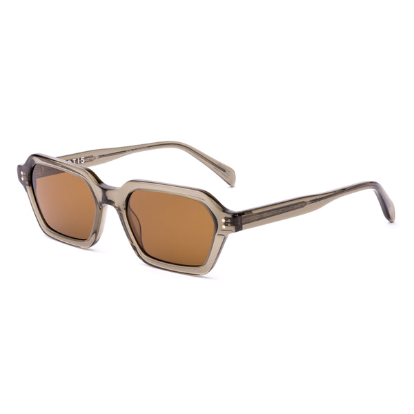 Sunglasses with a green transparent frame and brown lenses on a white background