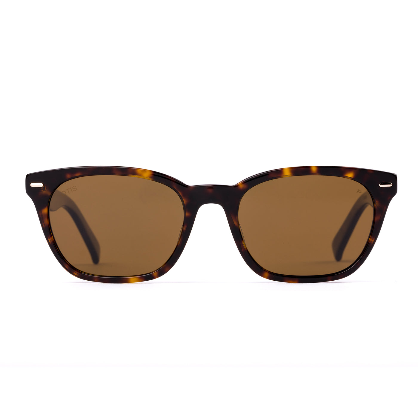 Sunglasses with tortoiseshell frame and brown lenses on a white background