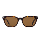 Sunglasses with tortoiseshell frame and brown lenses on a white background