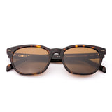 Sunglasses with tortoiseshell frame and brown lenses on a white background