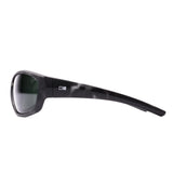 Black sunglasses with a logo on a white background