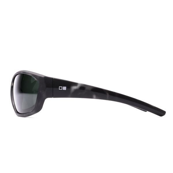 Black sunglasses with a logo on a white background