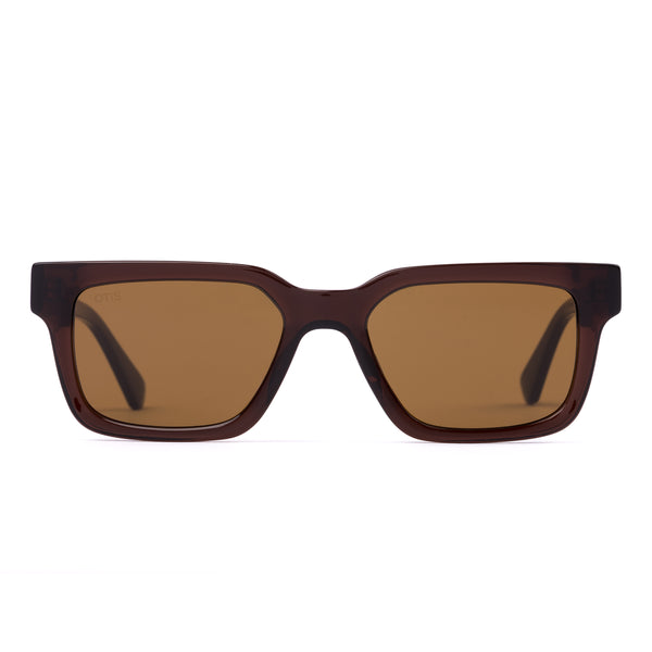 Square sunglasses with brown frame and brown lenses on a white background