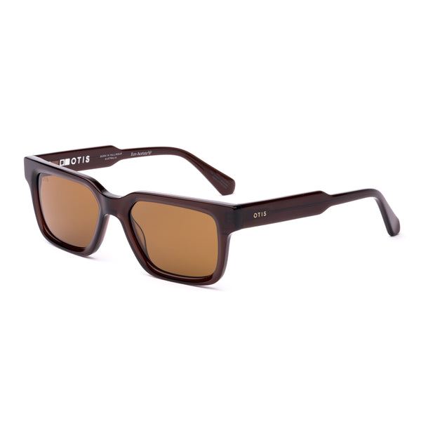 Square sunglasses with brown frame and brown lenses on a white background