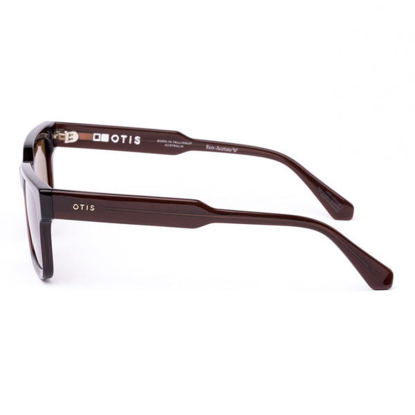 Square sunglasses with brown frame and brown lenses on a white background