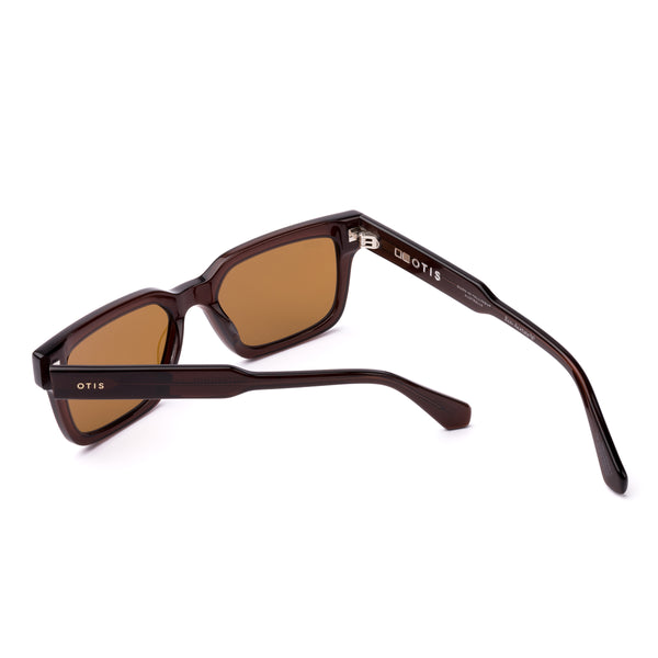 Square sunglasses with brown frame and brown lenses on a white background