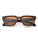 Square sunglasses with brown frame and brown lenses on a white background