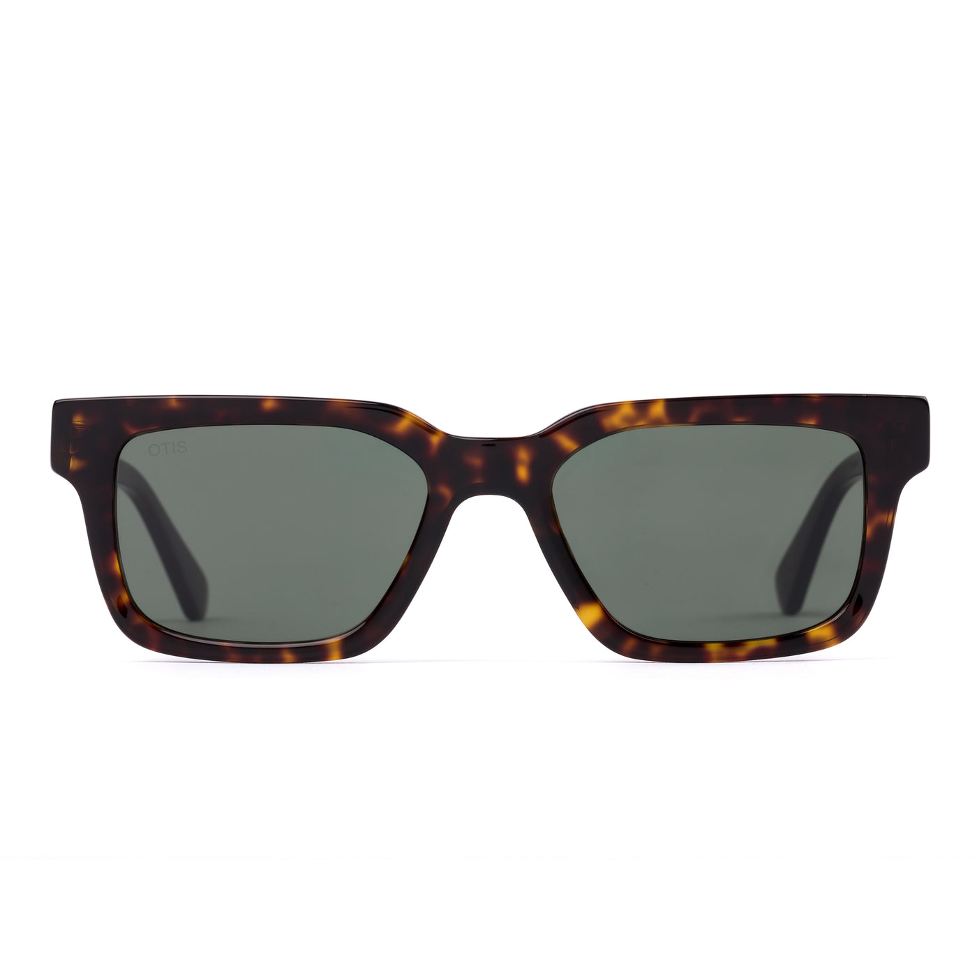 Square sunglasses with a tortoiseshell frame and grey lenses on a white background