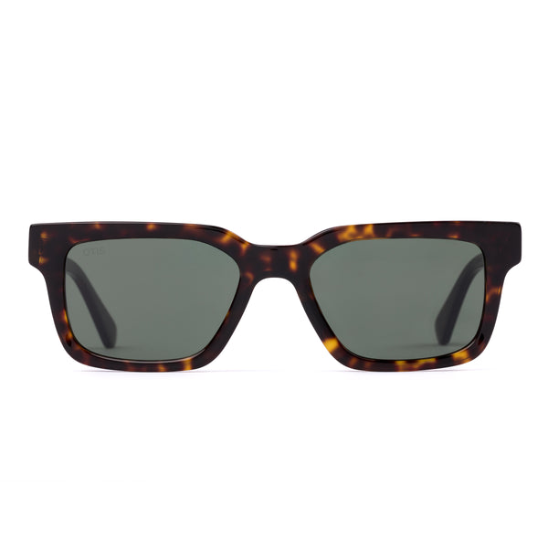 Square sunglasses with a tortoiseshell frame and grey lenses on a white background
