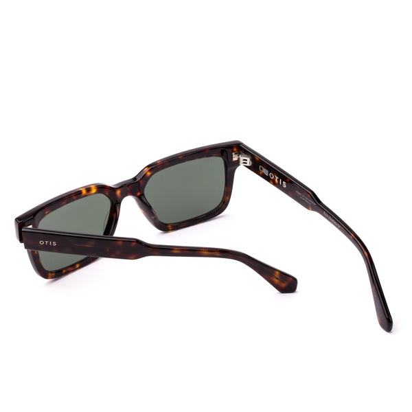 Square sunglasses with a tortoiseshell frame and grey lenses on a white background