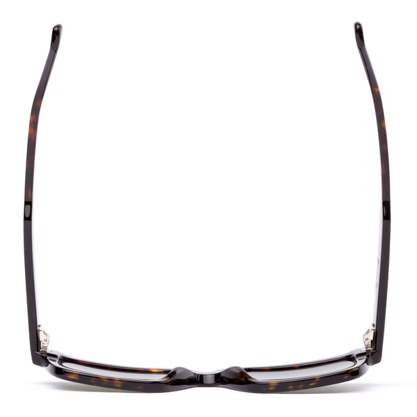 Square sunglasses with a tortoiseshell frame and grey lenses on a white background