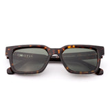 Square sunglasses with a tortoiseshell frame and grey lenses on a white background