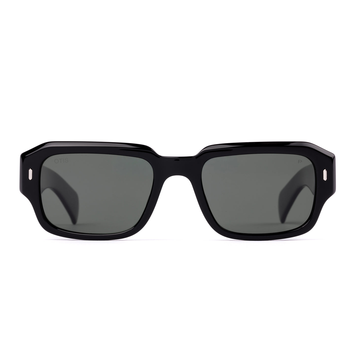 Square sunglasses with a black frame and grey lenses on a white background