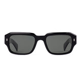 Square sunglasses with a black frame and grey lenses on a white background