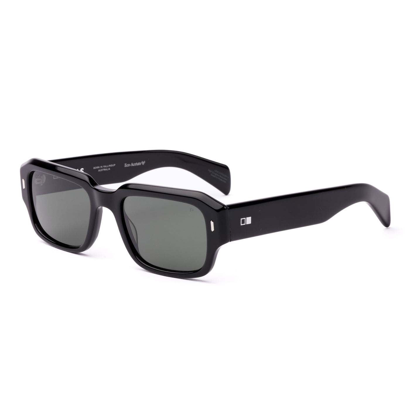 Square sunglasses with a black frame and grey lenses on a white background