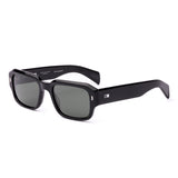 Square sunglasses with a black frame and grey lenses on a white background