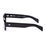 Square sunglasses with a black frame and grey lenses on a white background