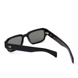 Square sunglasses with a black frame and grey lenses on a white background