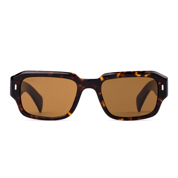 Square sunglasses with tortoiseshell frame and brown lenses on a white background