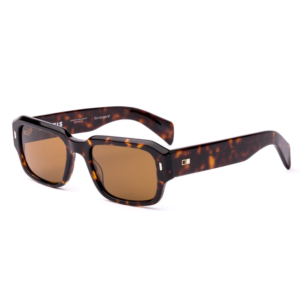 Square sunglasses with tortoiseshell frame and brown lenses on a white background