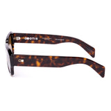Square sunglasses with tortoiseshell frame and brown lenses on a white background