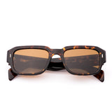 Square sunglasses with tortoiseshell frame and brown lenses on a white background