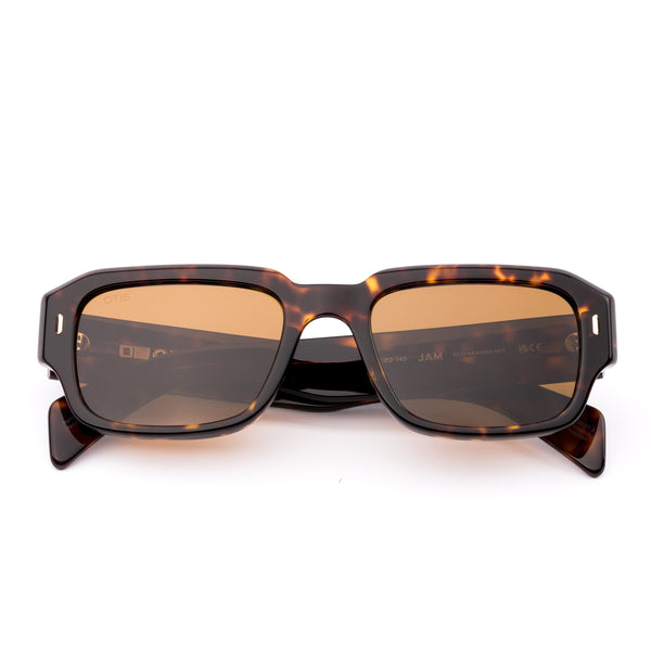 Square sunglasses with tortoiseshell frame and brown lenses on a white background
