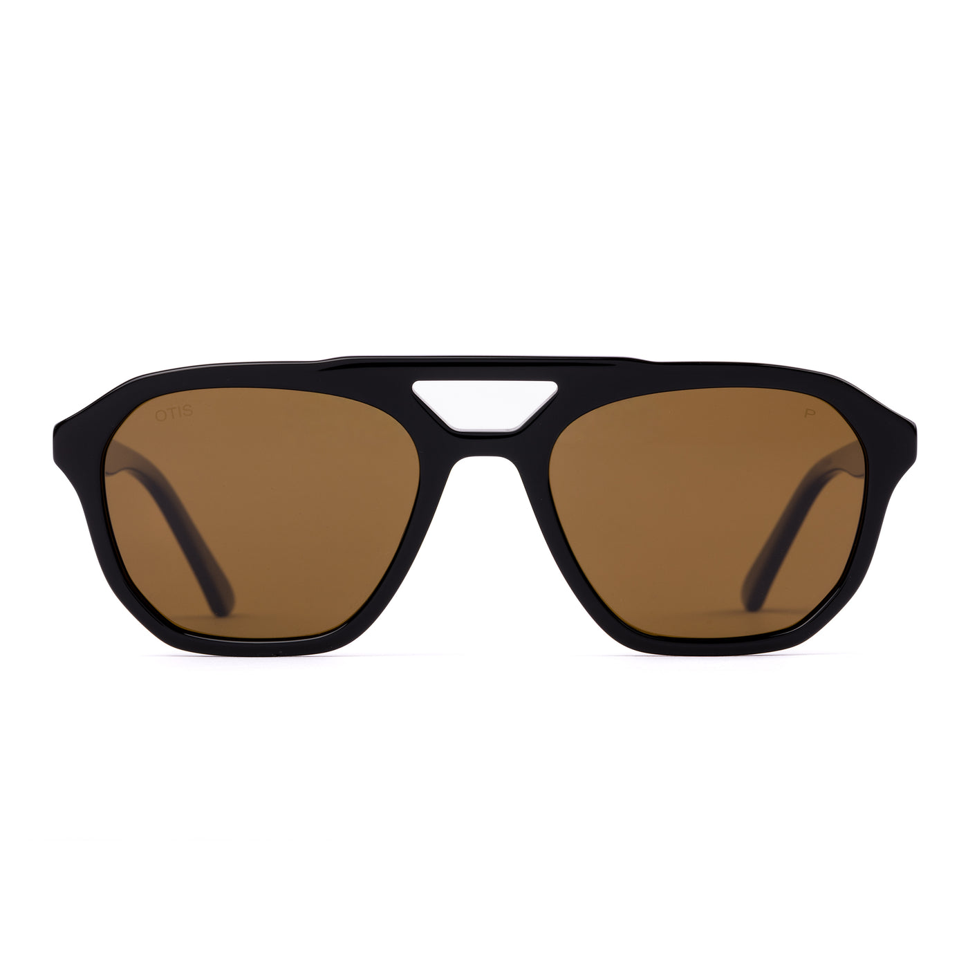 Aviator sunglasses with brown lenses and black frame on a white background.