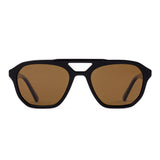 Aviator sunglasses with brown lenses and black frame on a white background.