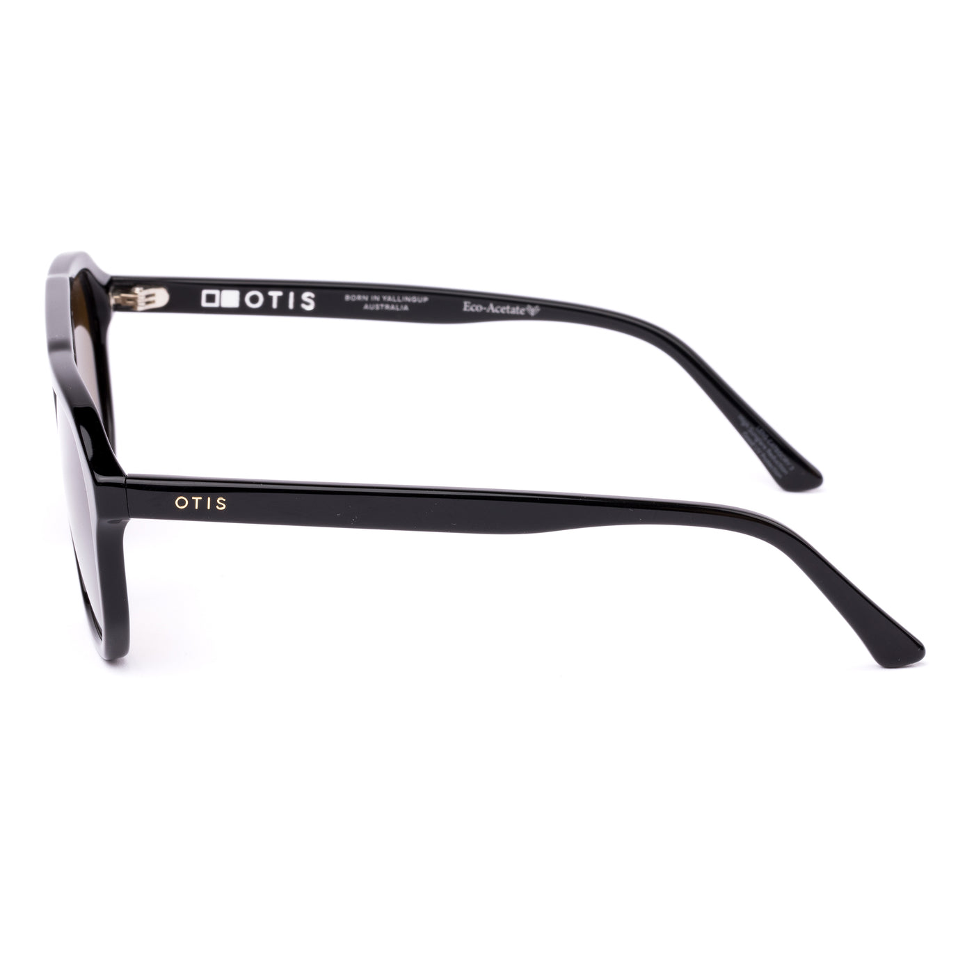 Aviator sunglasses with brown lenses and black frame on a white background.
