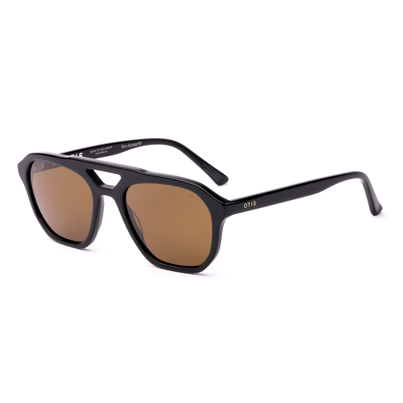Aviator sunglasses with brown lenses and black frame on a white background.