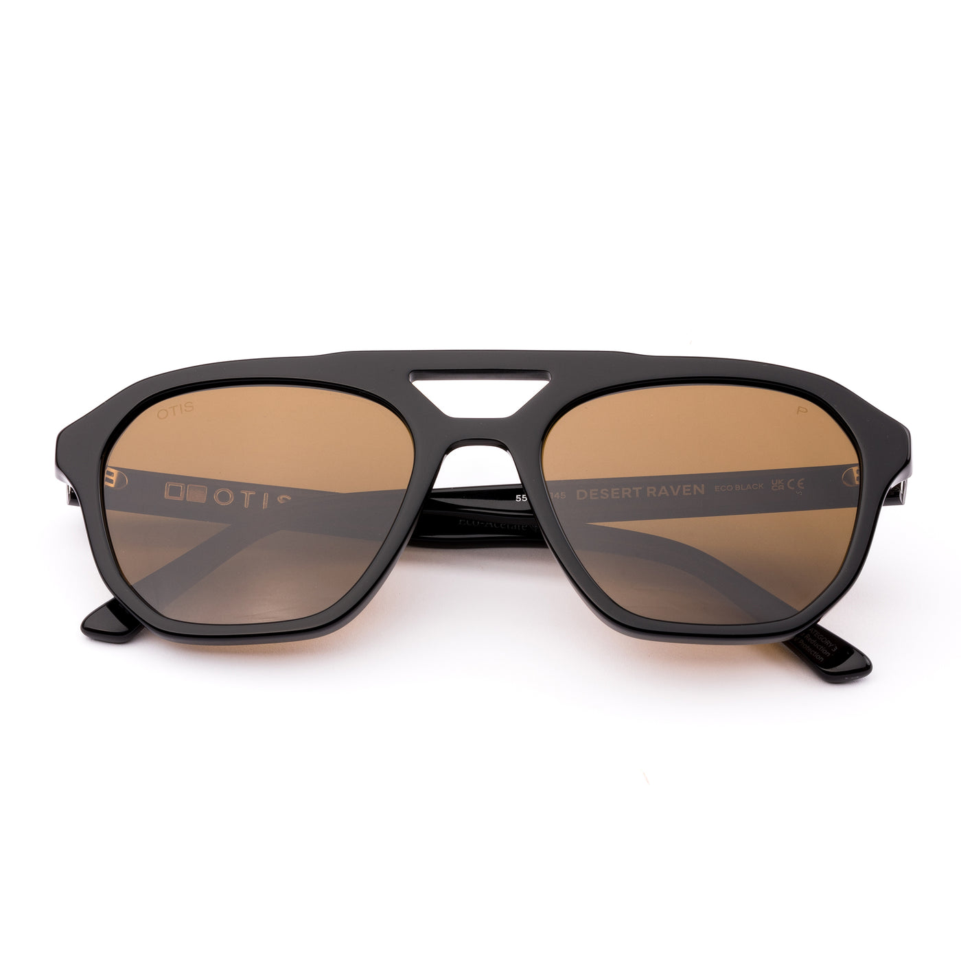 Aviator sunglasses with brown lenses and black frame on a white background.