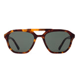 Aviator sunglasses with tortoiseshell frame and dark lenses on a white background