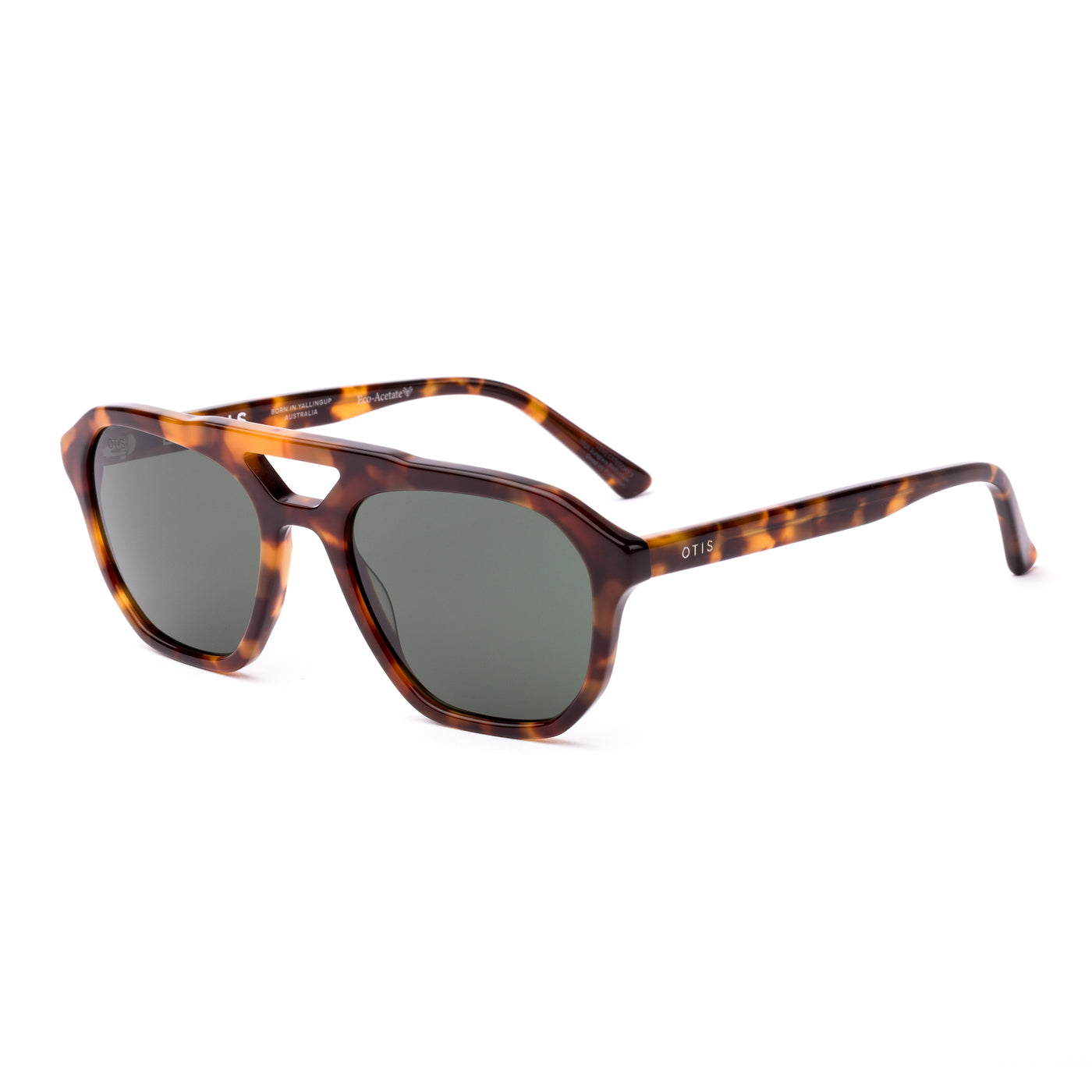 Aviator sunglasses with tortoiseshell frame and dark lenses on a white background