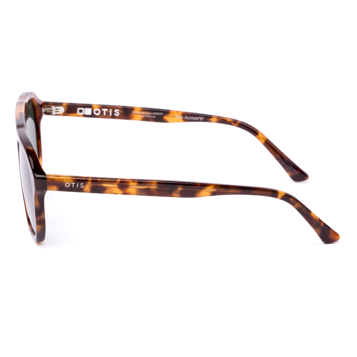 Aviator sunglasses with tortoiseshell frame and dark lenses on a white background
