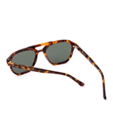 Aviator sunglasses with tortoiseshell frame and dark lenses on a white background