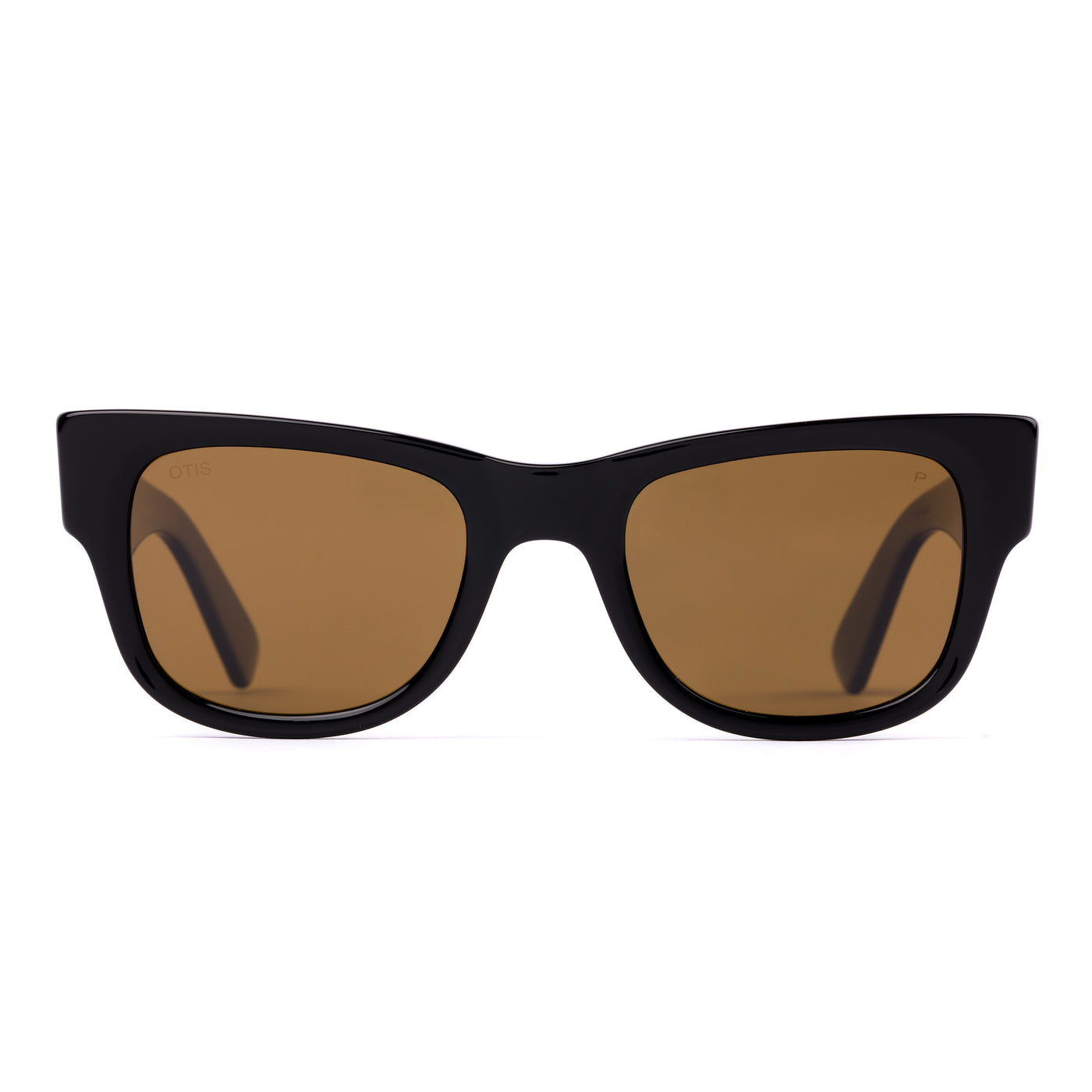 Black wayfarer sunglasses with brown lenses on a white background