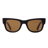 Black wayfarer sunglasses with brown lenses on a white background