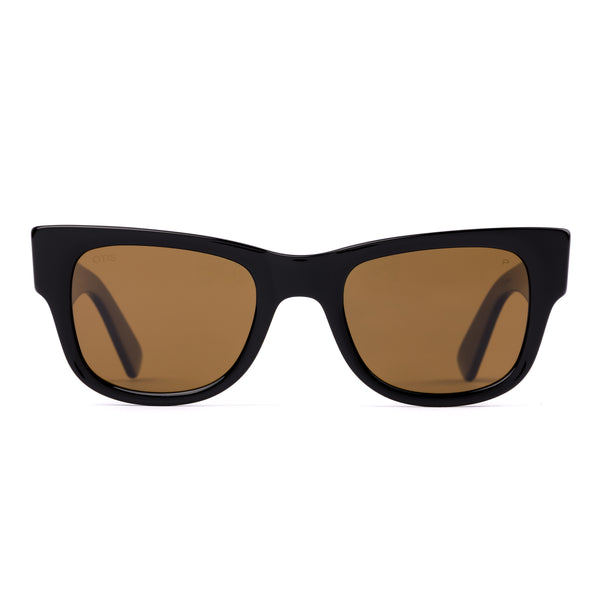 Black wayfarer sunglasses with brown lenses on a white background