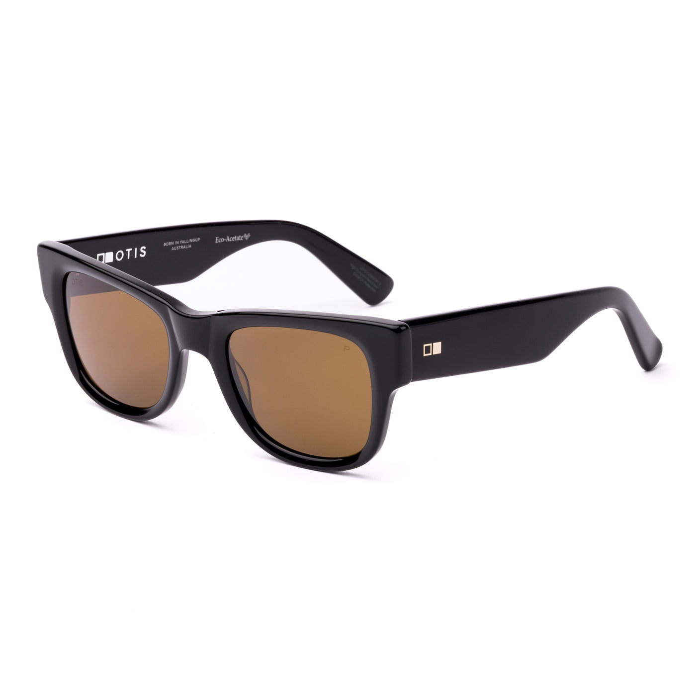 Black wayfarer sunglasses with brown lenses on a white background