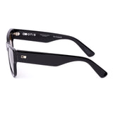 Black wayfarer sunglasses with brown lenses on a white background