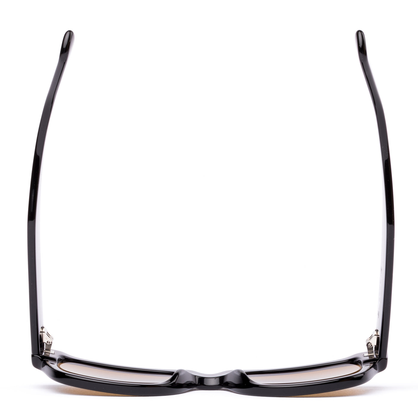 Black wayfarer sunglasses with brown lenses on a white background
