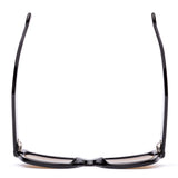 Black wayfarer sunglasses with brown lenses on a white background