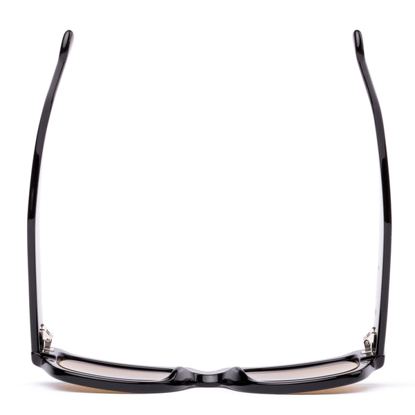 Black wayfarer sunglasses with brown lenses on a white background
