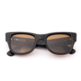 Black wayfarer sunglasses with brown lenses on a white background